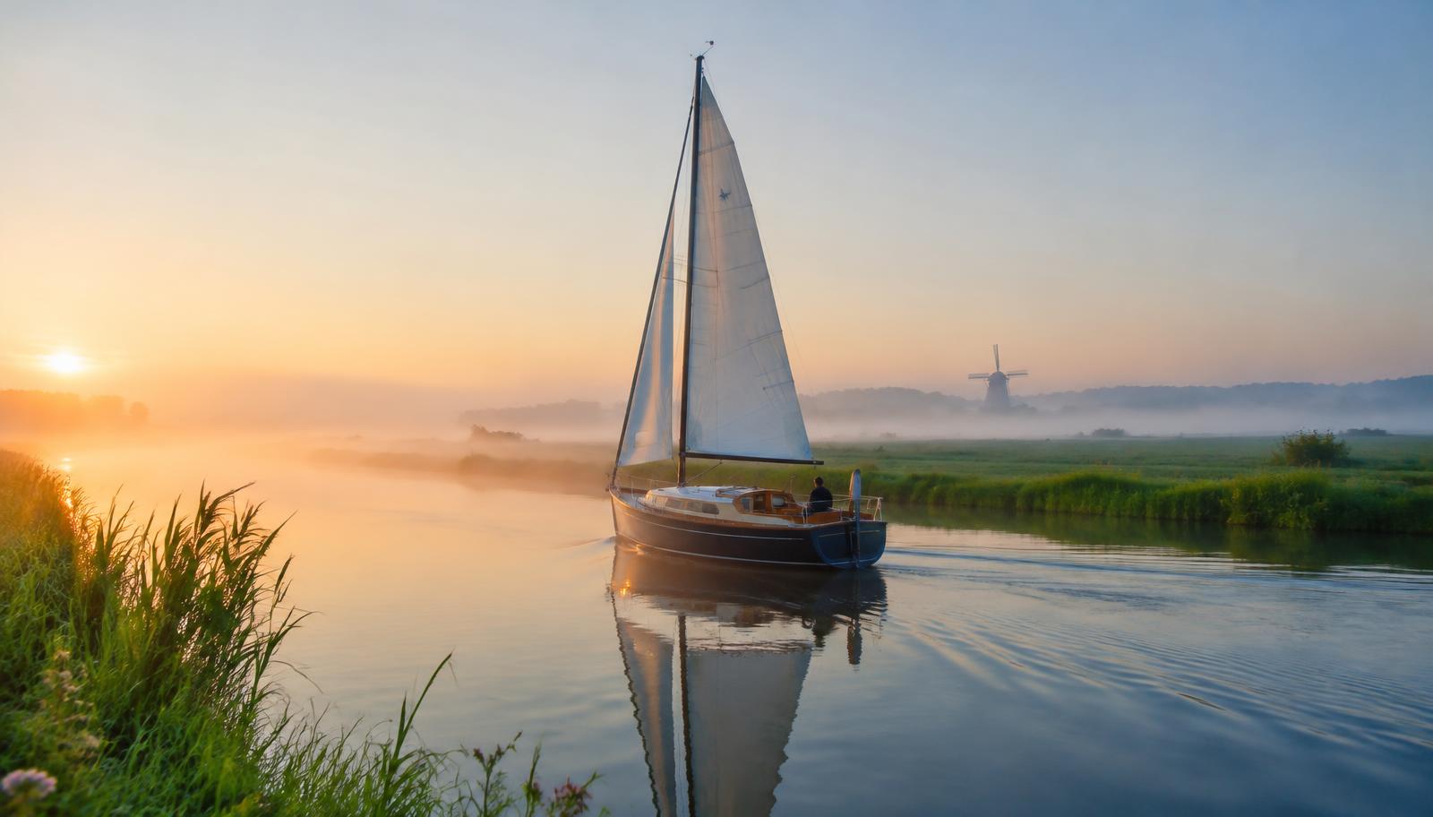 Zeilboot op een rustige Nederlandse rivier bij zonsopkomst